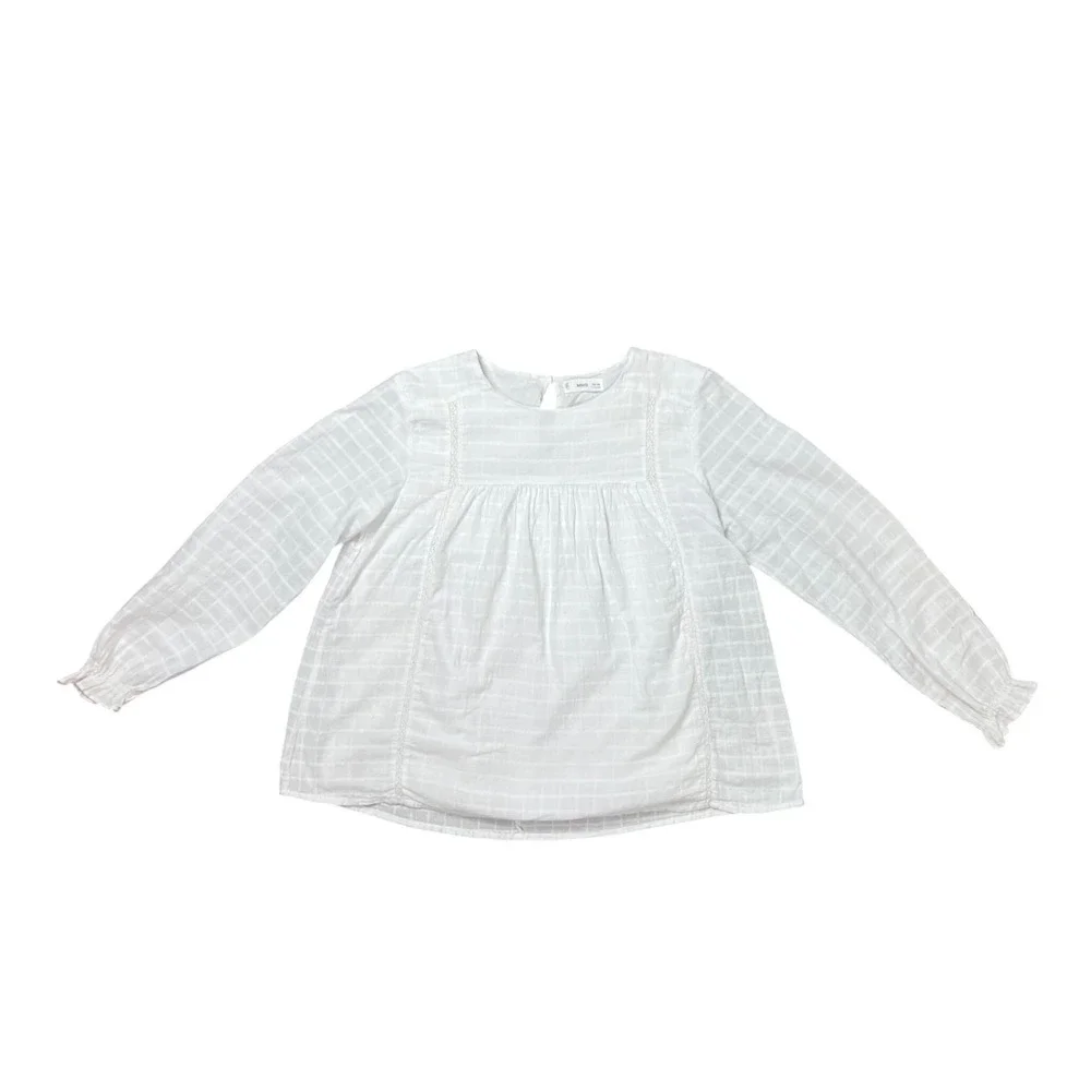 MNG Mango Kids Girls White Cotton Grid Lace Trim Blouse Top Size 11-12Y 152cm